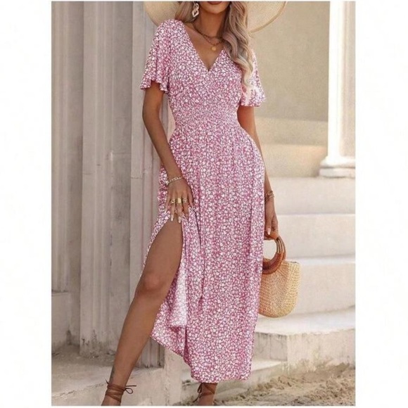 JAS Dresses & Skirts - V neck flutter sleeve boho floral print maxi dress pink